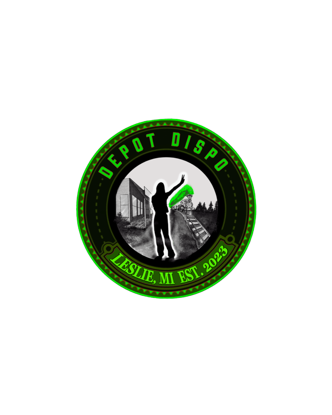 A graphic design featuring a circular emblem with the text 'Depot Dispo' at the top and 'Leslie, MI EST. 2023' at the bottom. The center shows a silhouette of a woman raising her arm, with a vintage train and a building in the background, and green a