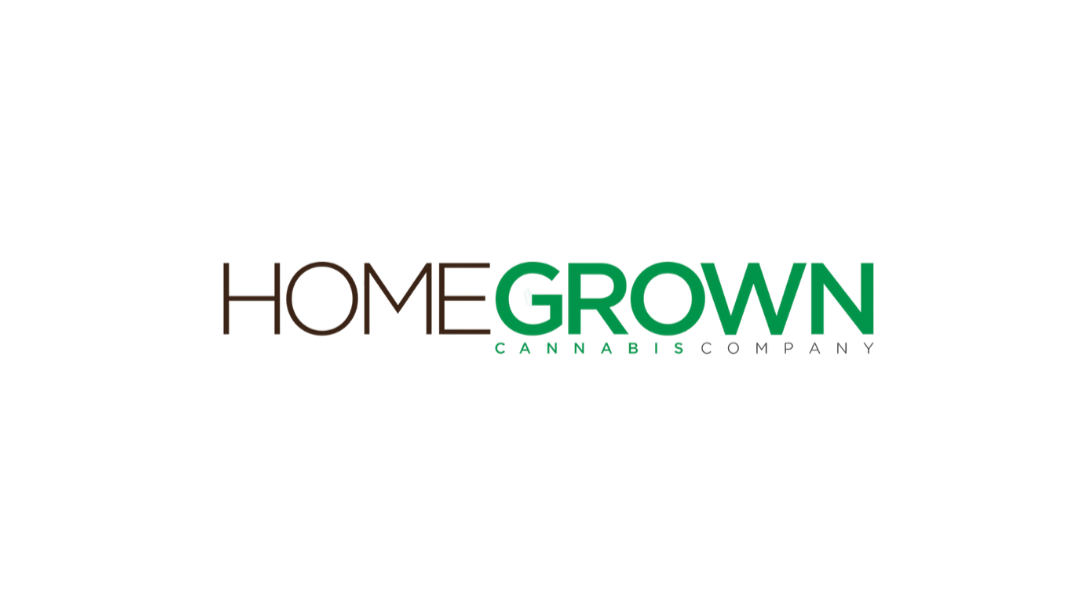 Logo with the words "Home Grown Cannabis Company," with "Home" in brown, "Grown" in green, and small text "Cannabis Company" underneath.