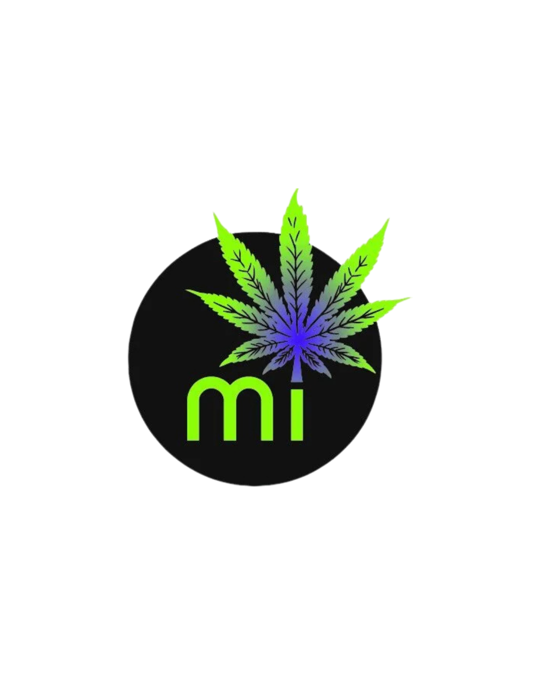 A circular logo with a cannabis leaf and the letters 'mi' in green on a black background.