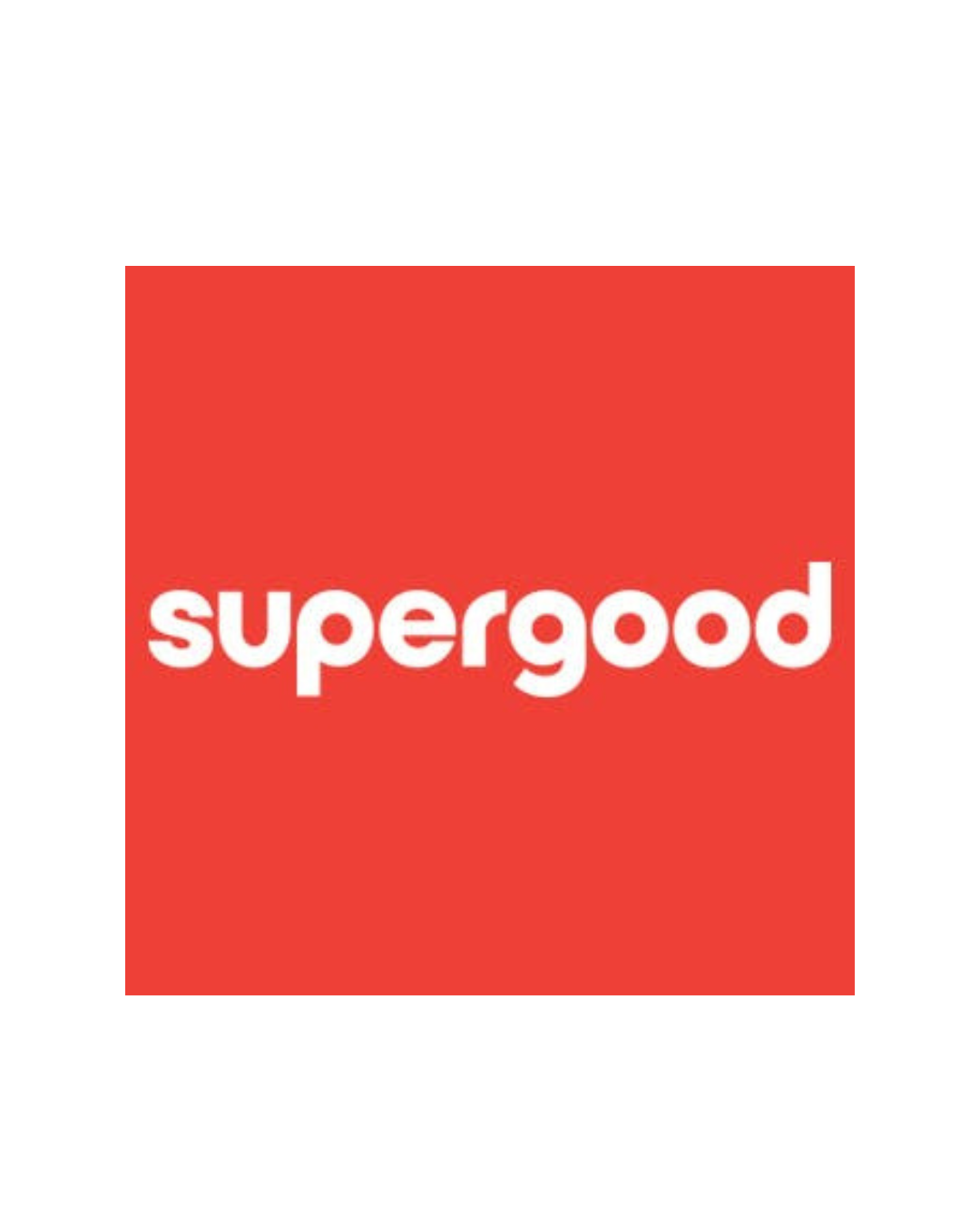Red background with white lowercase text that reads 'supergud'.