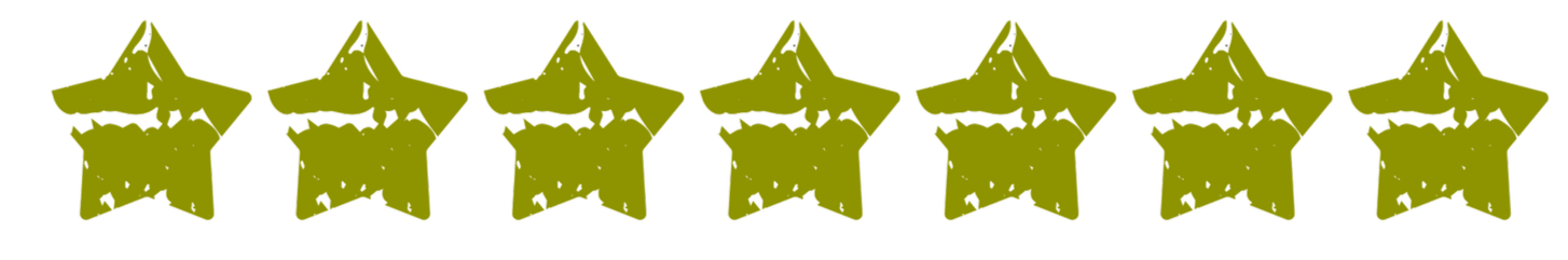 Seven greenish-brown five-pointed stars in a row on a black background.