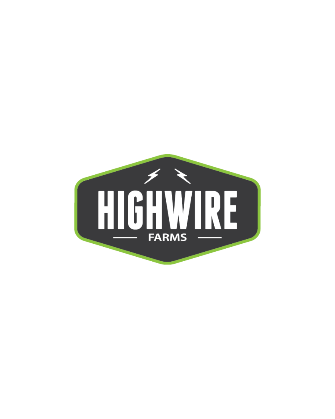 Logo for Highwire Farms featuring a black hexagon with lime green border, the word 'HIGHWIRE' in large letters, 'FARMS' underneath, and two small lightning bolt icons above.