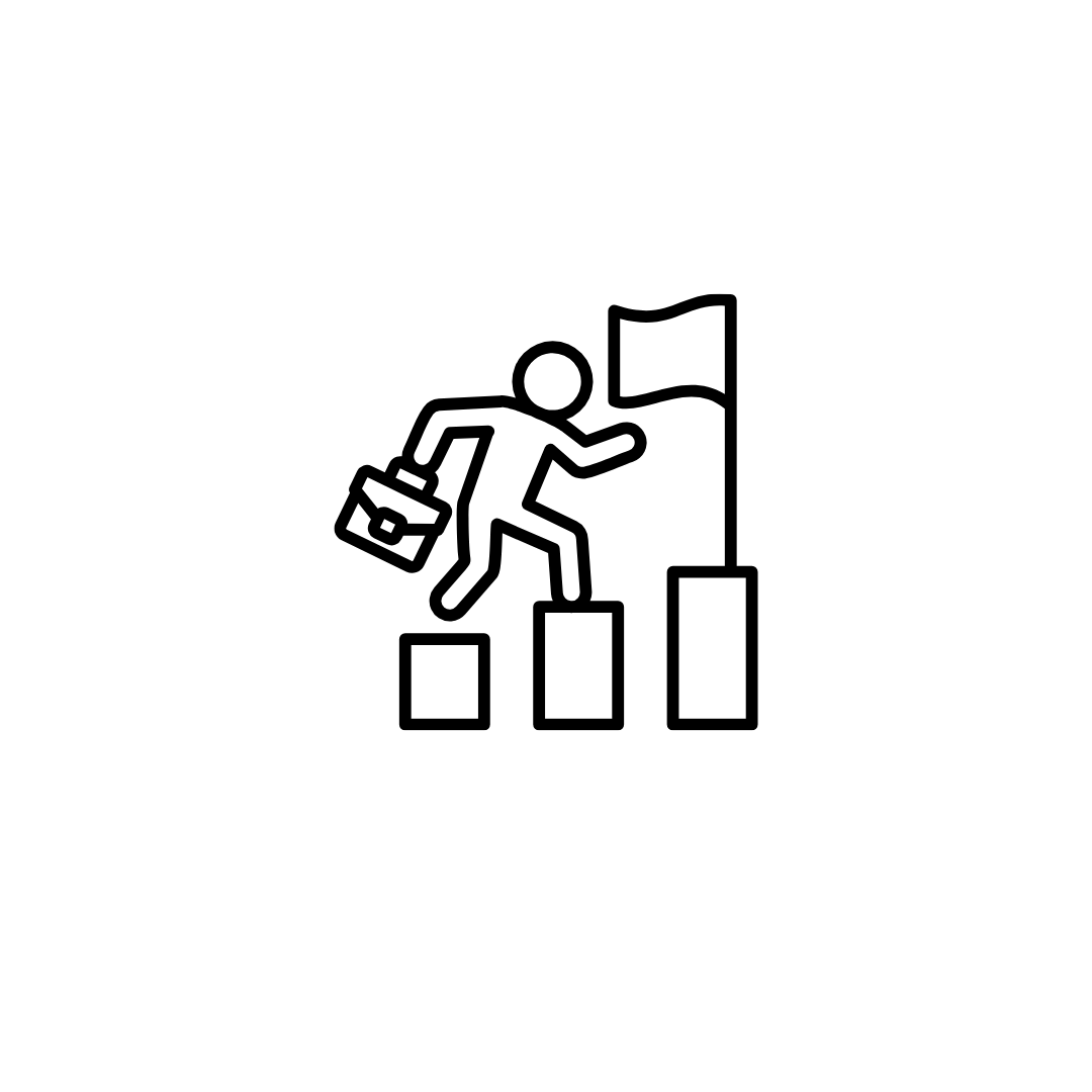 Black silhouette of a person with a speech bubble, a question mark, and a bar graph with three ascending bars and a flag on top.