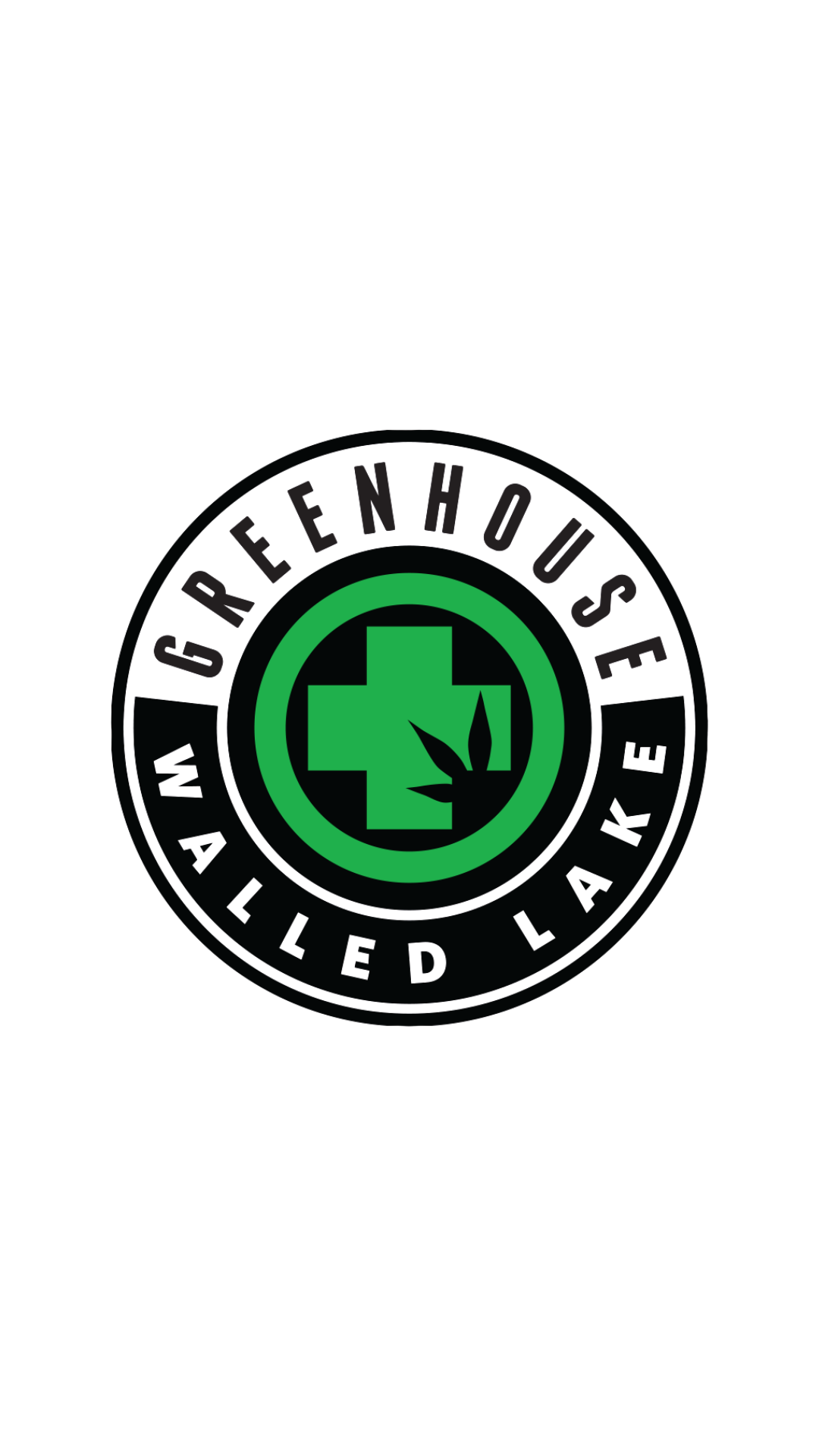 A black circular logo with green accents, featuring a green cross enclosed in a circle, with a marijuana leaf inside it. The words 'Greenhouse' and 'Walled Lake' are written around the circle.