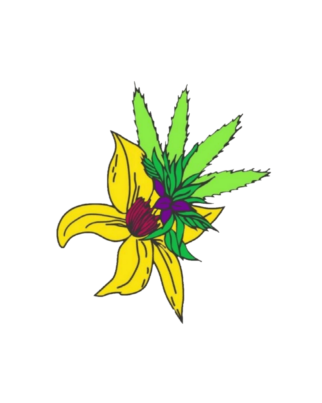 A tattoo design combining a yellow flower with green leaves, purple accents, and marijuana leaves.