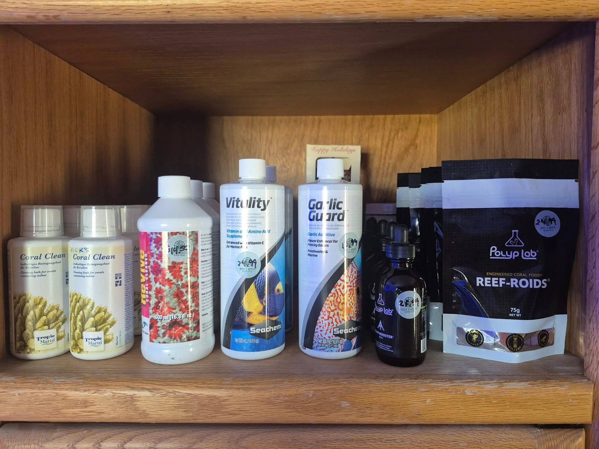 Tropic Marin Coral Clean, Two little fishes Revive, SeaChem Vitality, Garlic Guard, Polp Lab Polyp booster and Reef Roids