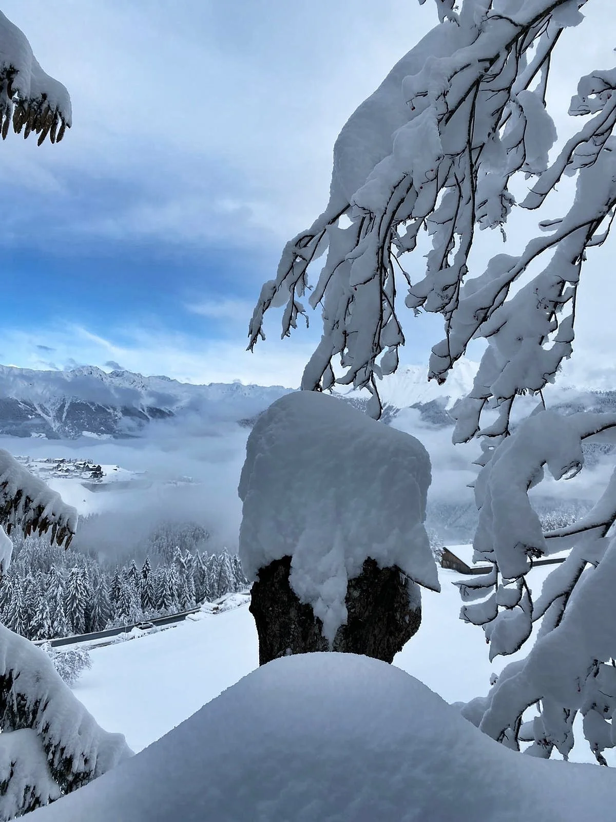 Verschneite Winterlandschaft mit Baum, Berg und Wolken
