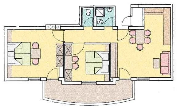 Grundriss einer Wohnung mit zwei Schlafzimmern, Küche, Badezimmer, Wohnzimmer und Balkon.