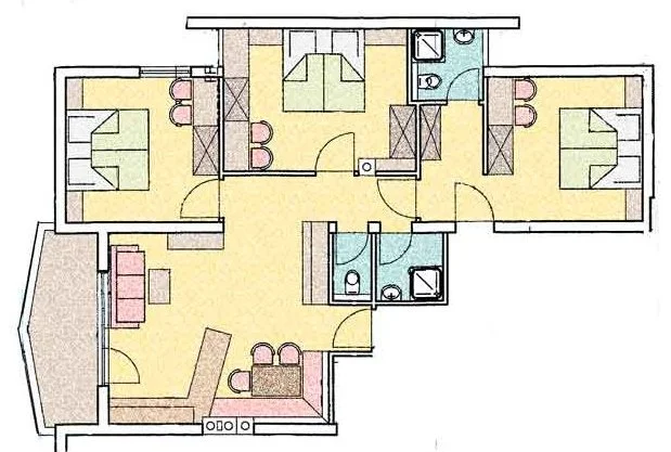 Grundriss einer Wohnung mit Schlafzimmer, Badezimmer, Wohnzimmer und Küche.