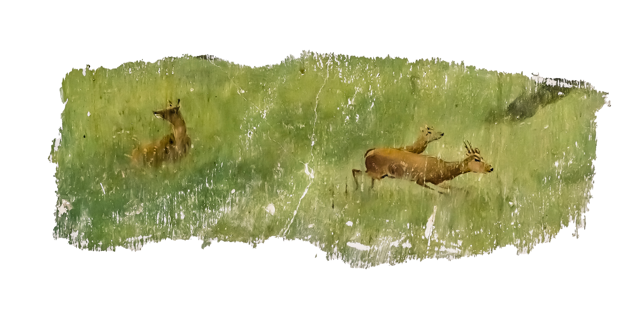 Nahaufnahme und freigestelles Gemälde einer grünen Wiese, auf der drei Rehe stehen.