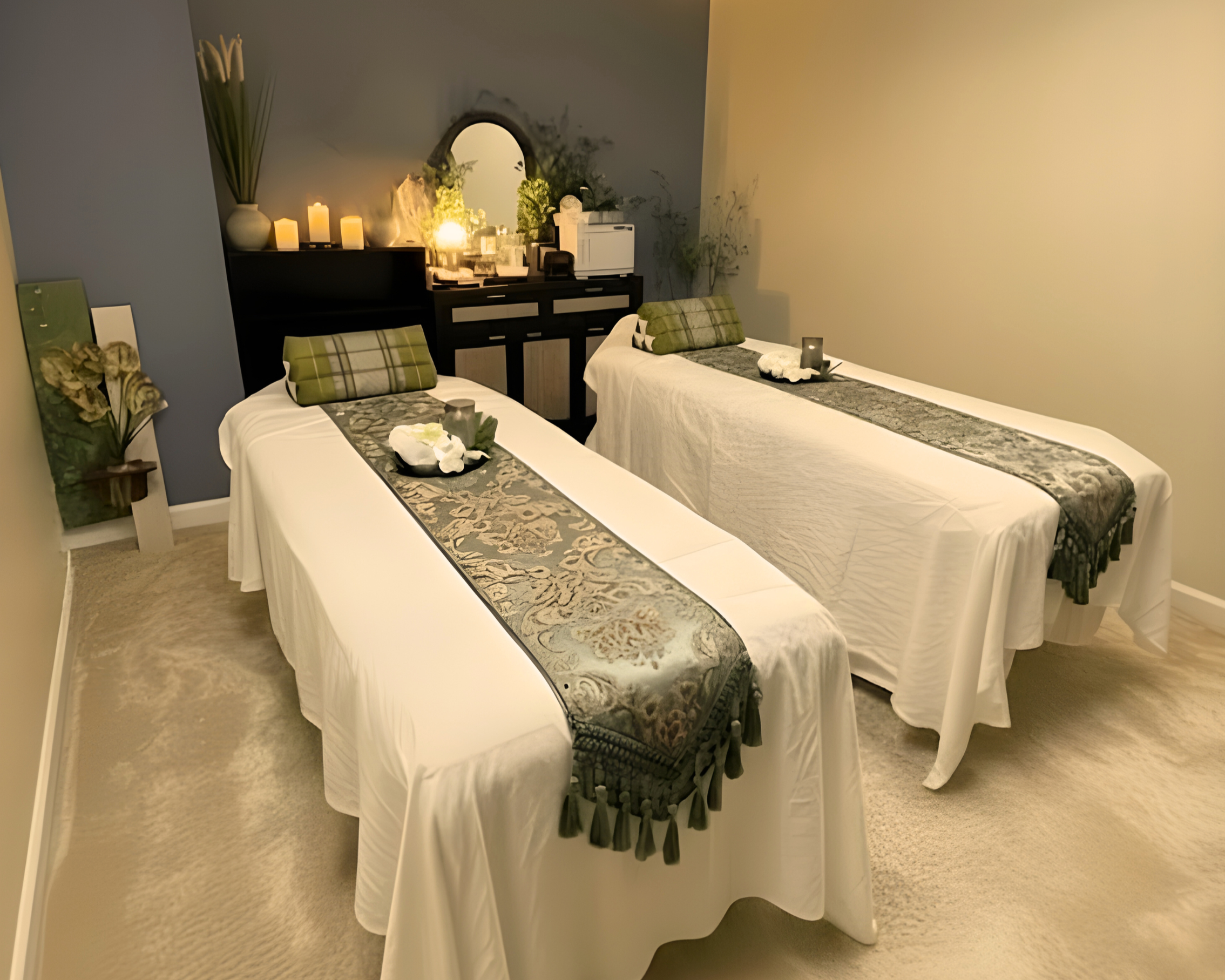 A massage room with two massage tables covered in white sheets and decorated with patterned runners and pillows, candles, and plants in a calm, softly lit environment. Good location for massage.