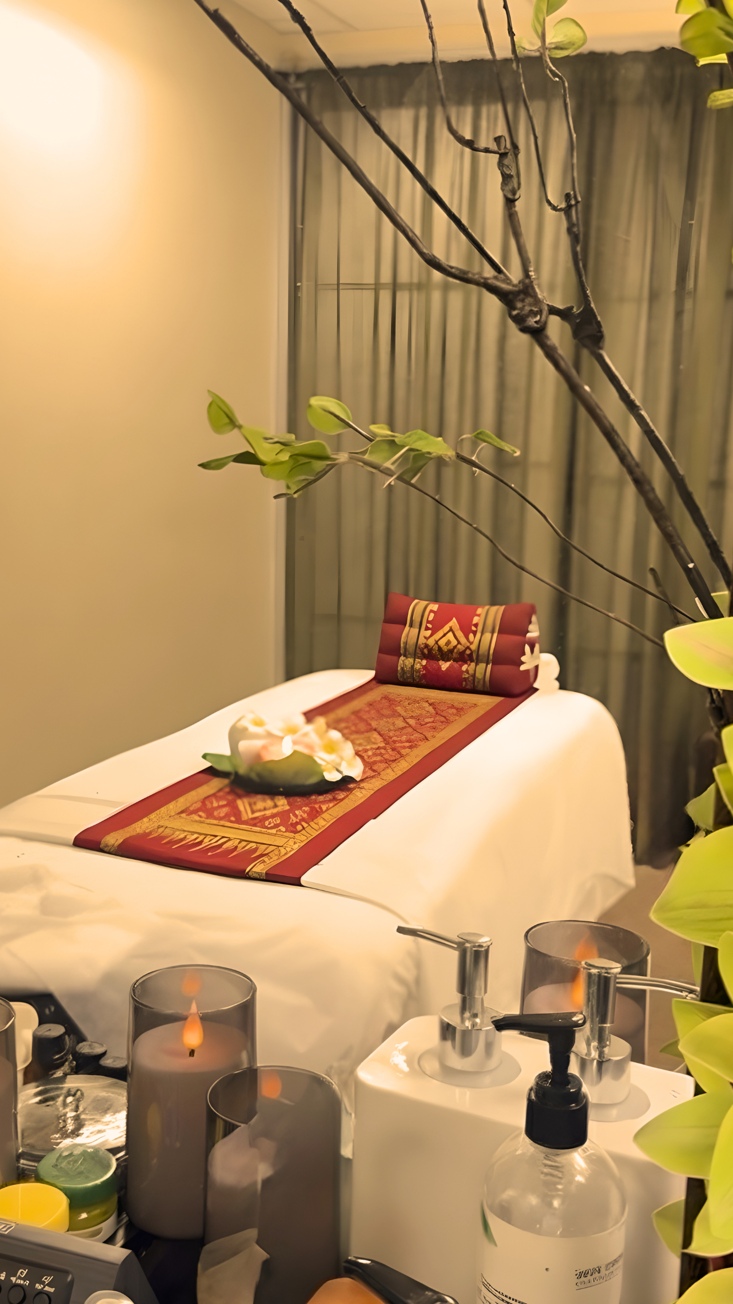 Spa massage table surrounded by greenery and candles, with a decorative pillow and towel on the bed.