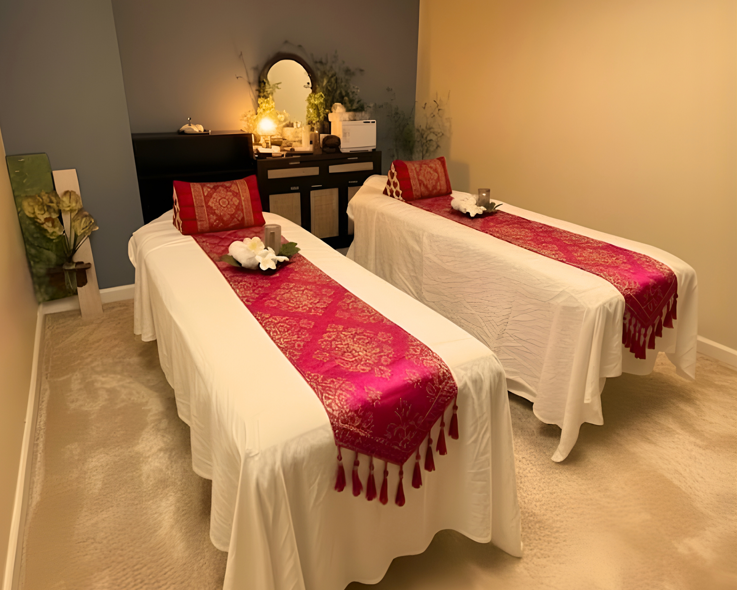 A room with two massage tables covered with white sheets and pink decorative runners, each with a matching pillow and towel carved into a flower. The room has beige carpet, teal walls, and contains artwork depicting flowers, a black cabinet with deco