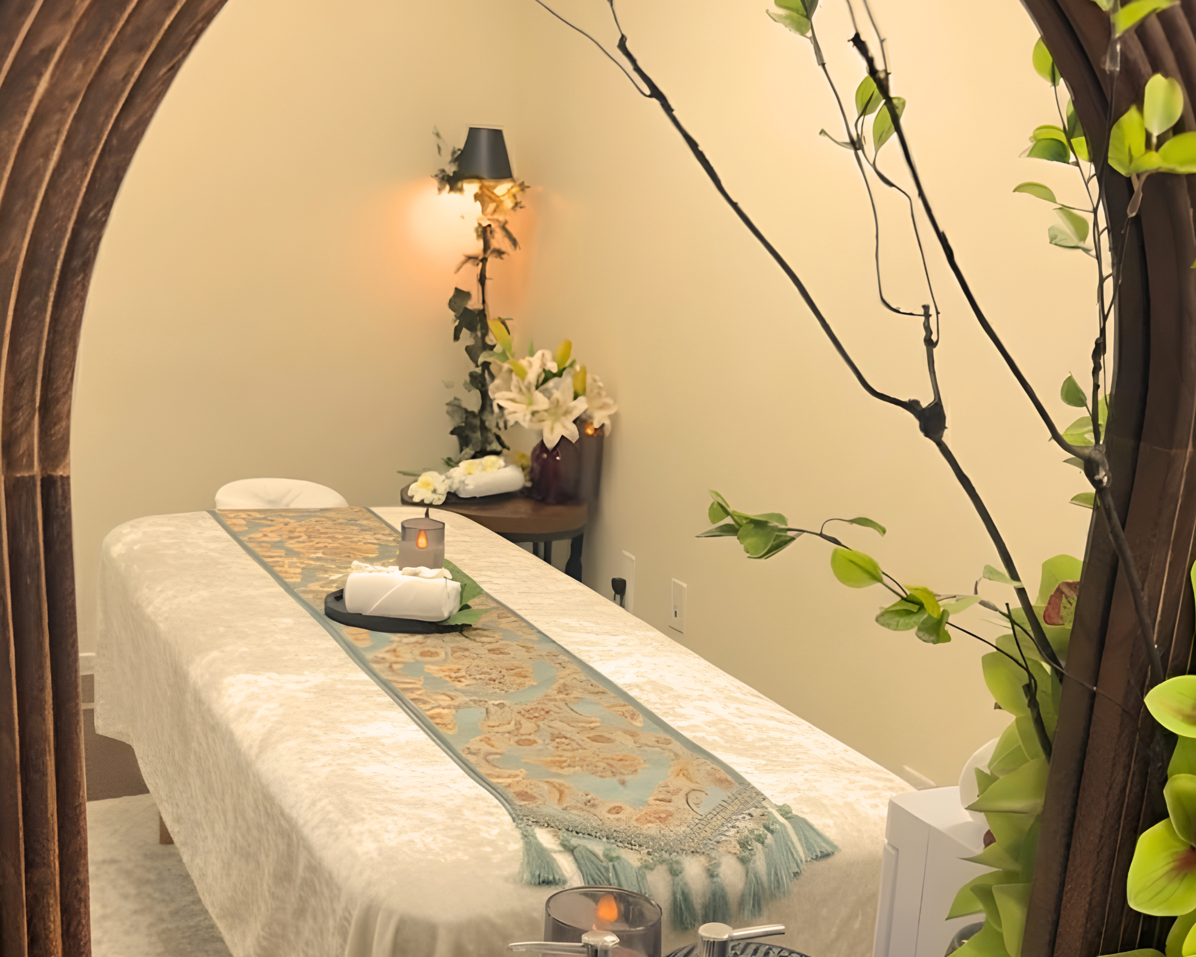 A massage room decorated with greenery, flowers, candles, and dim lighting, with a massage table covered in a white sheet and a patterned runner.