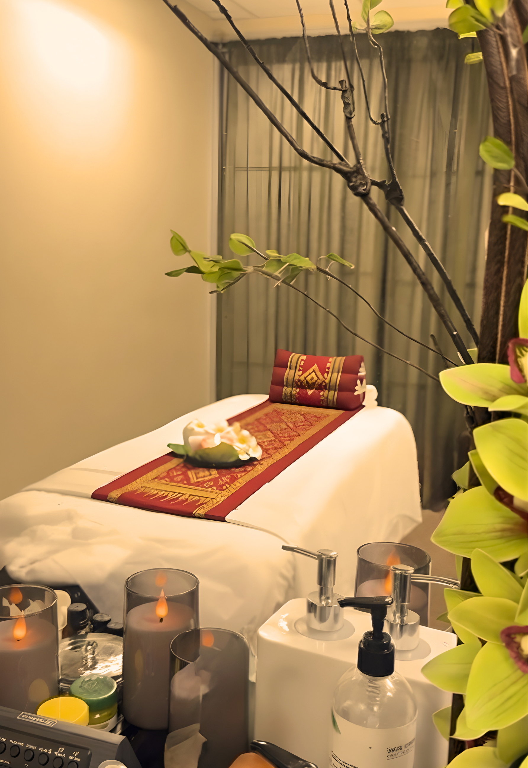 A massage table with floral decorations, candles, and plants in a spa or wellness room.