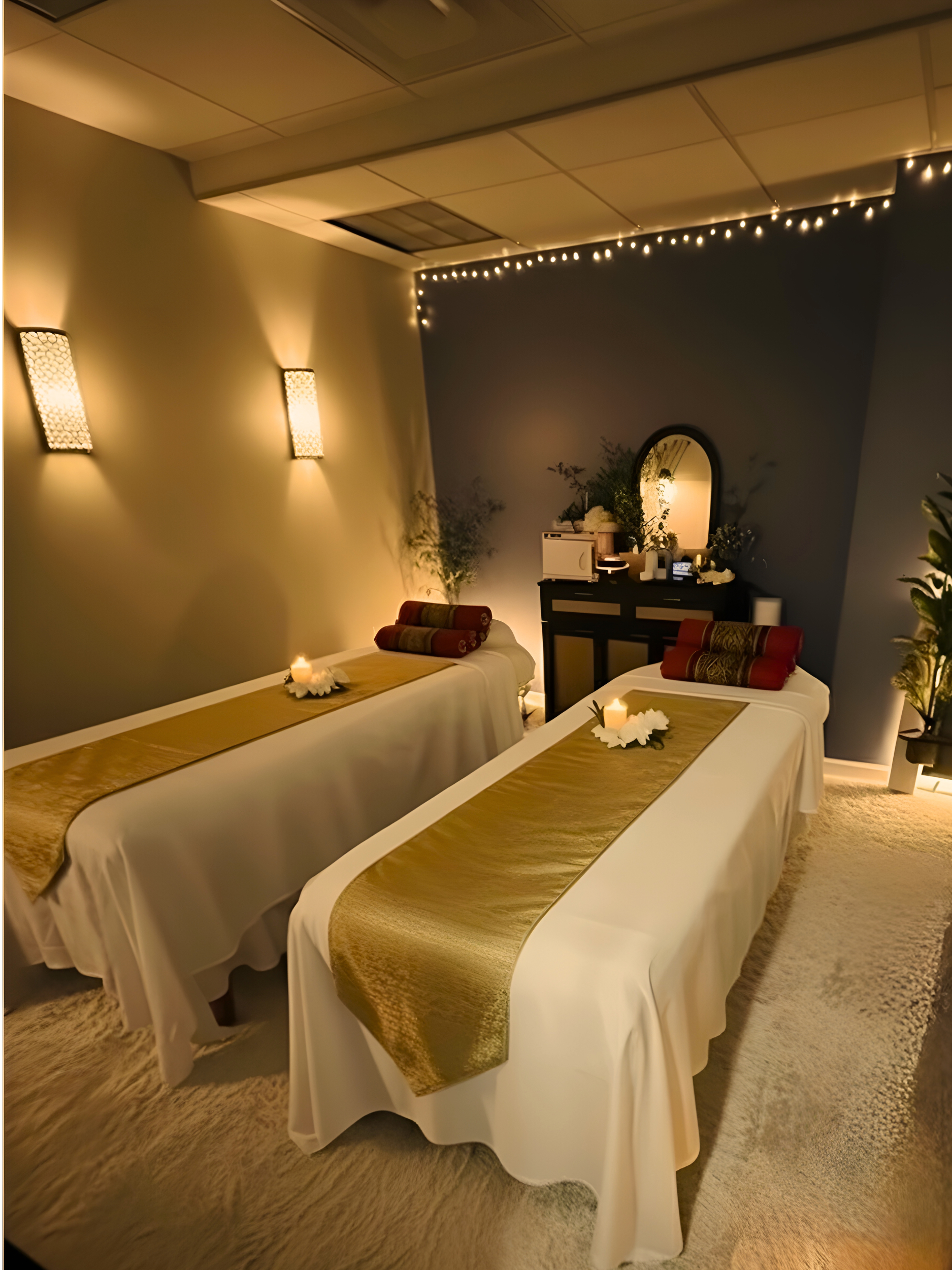 A dimly lit massage therapy room with two massage tables covered in white sheets and gold runners. A place perfect for a massage.