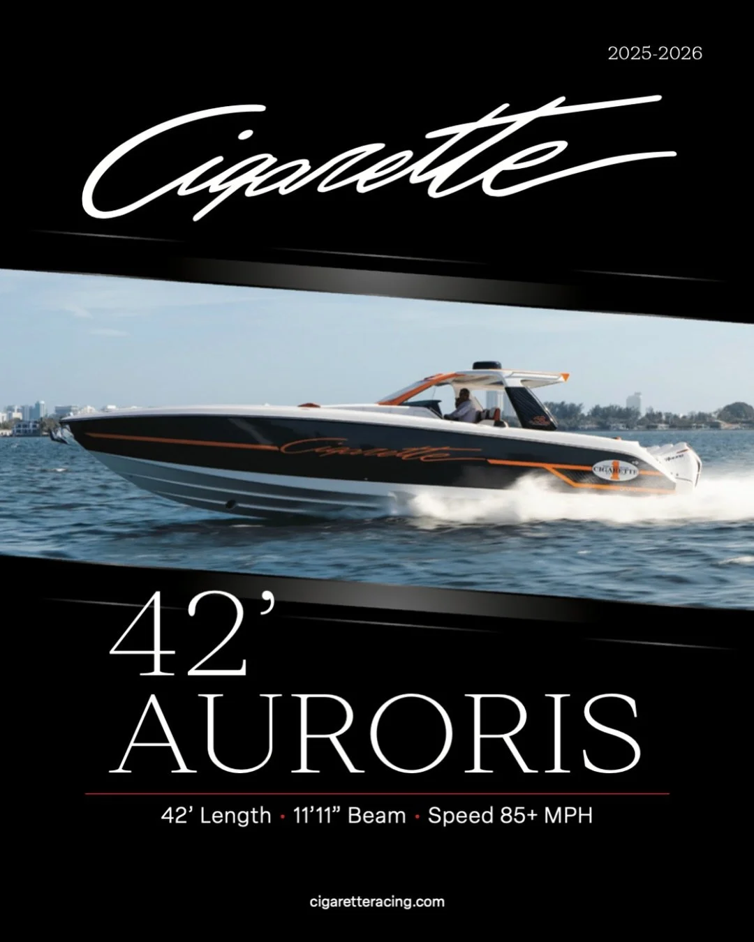 The 42&rsquo; Auroris blends 55+ years of performance boat building with Cigarette Racing&rsquo;s twin-step hull for unmatched speed, handling, and stability. Built for both thrill and comfort, it delivers smooth rides, sharp maneuverability, and top
