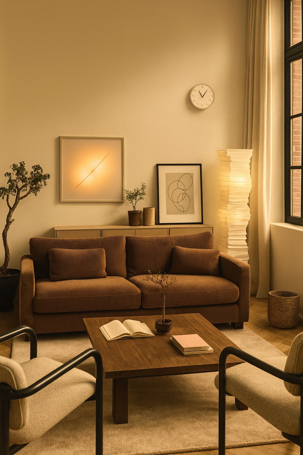 Cozy living room with a brown sofa, two cream chairs, a wooden coffee table with an open book and stacked notebooks, a tall paper floor lamp, artwork on the wall, a potted tree, and a window with cream curtains.