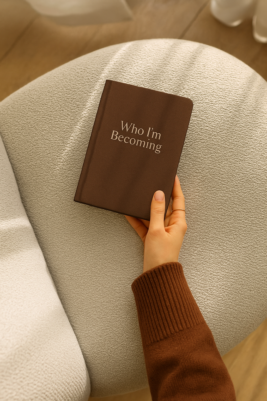 A person holding a brown book titled 'Who I'm Becoming' while sitting on a textured beige chair in a cozy setting.