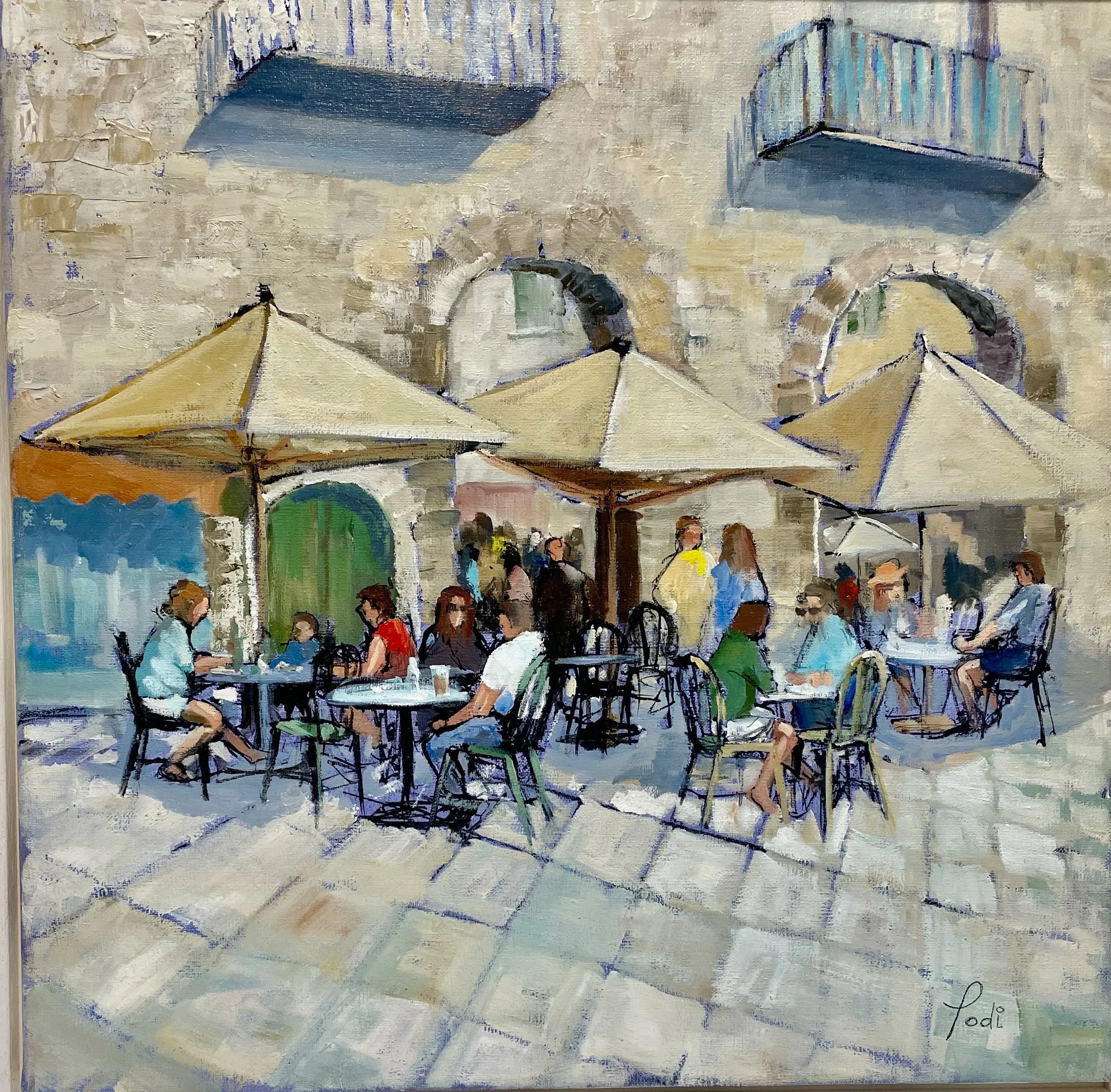 "Harbour -side cafe"  in Collioure, S. France. Oil on canvas framed with a white float frame. Collioure is a popular seaside town close to the Spanish border. An Artist’s village, both painters and sculptors, some famous and some rising artists. 
 Th