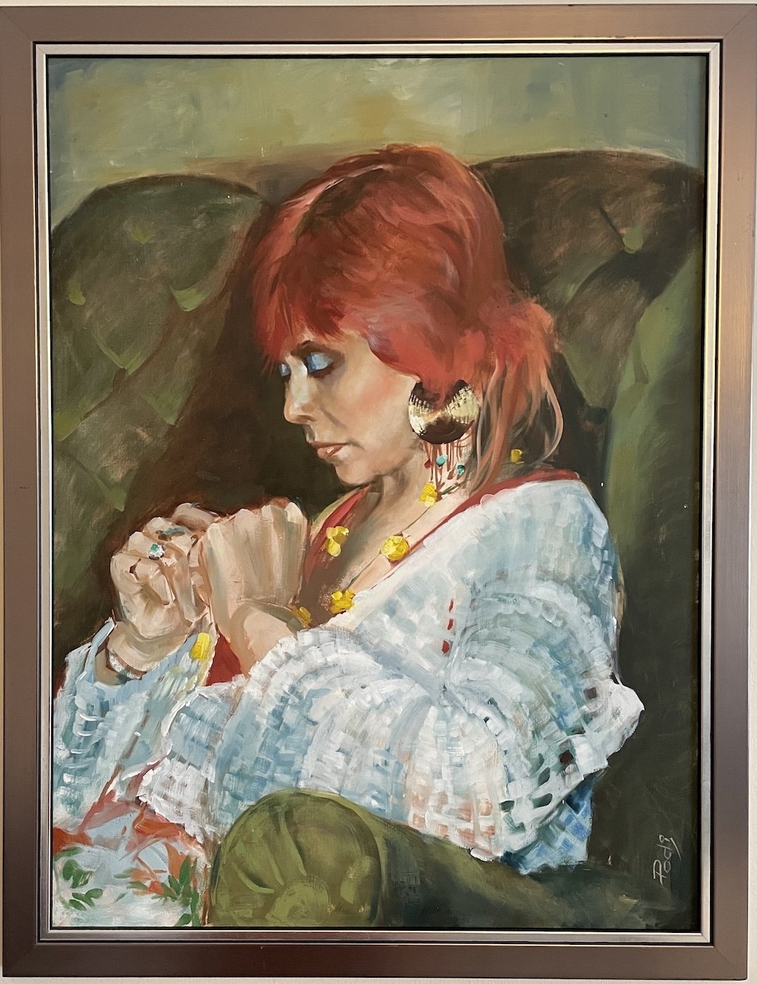 Daisy Chain Maker - a groupie of a local band.  Painted in oil on canvas - so much to like. The hand knitted sleeves the huge earrings and the look of concentration! NFS