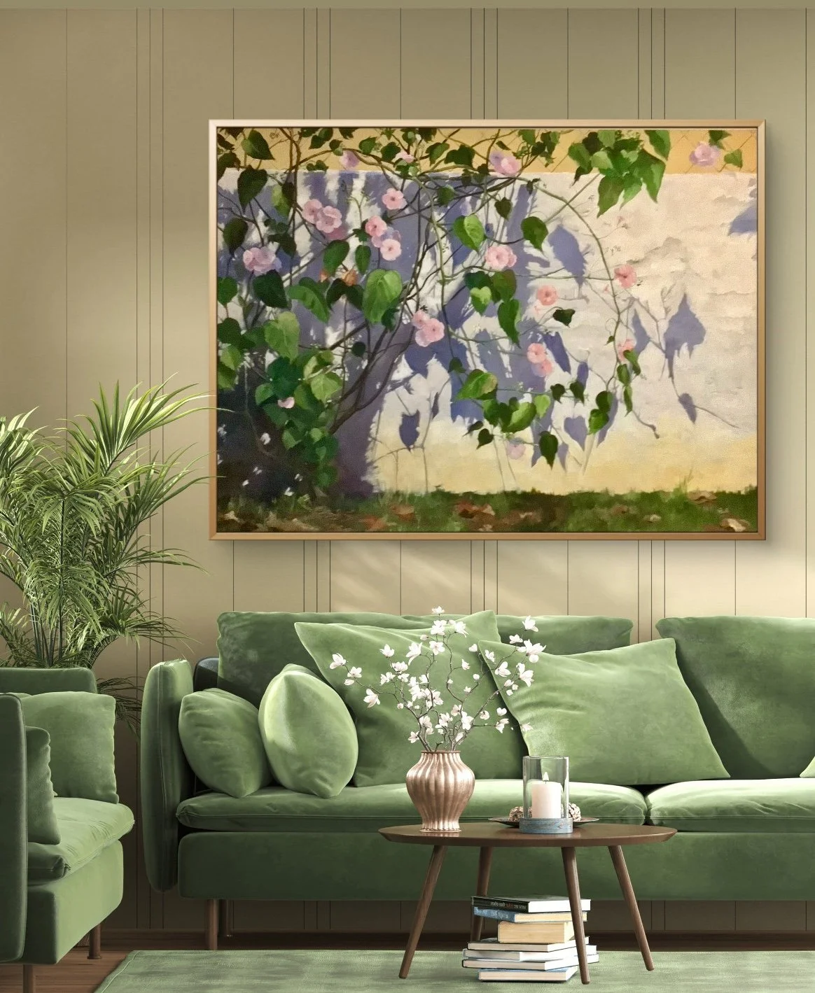 LANDSCAPE painting of flowering bush and its shadows. Set in a lounge scene.