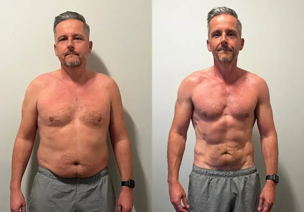 Side-by-side comparison photo of a middle-aged man showing significant weight loss and muscle definition after fitness transformation.