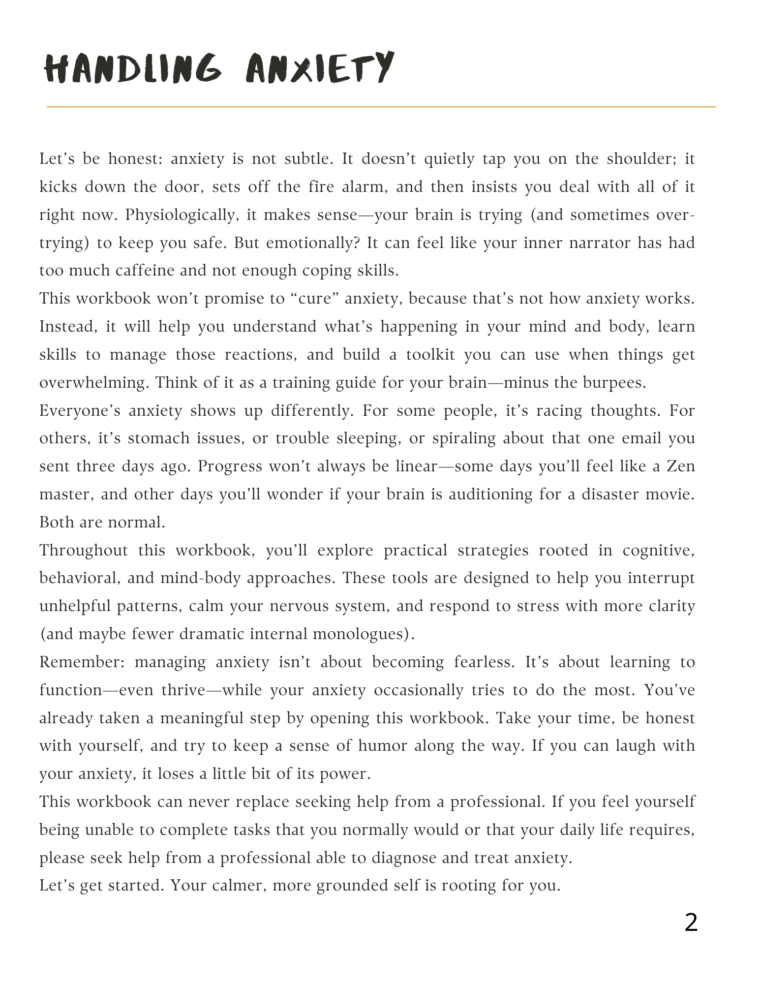 A workbook page titled 'Handling Anxiety' with text discussing the nature of anxiety, strategies to manage it, and reassurance that progress varies day to day.