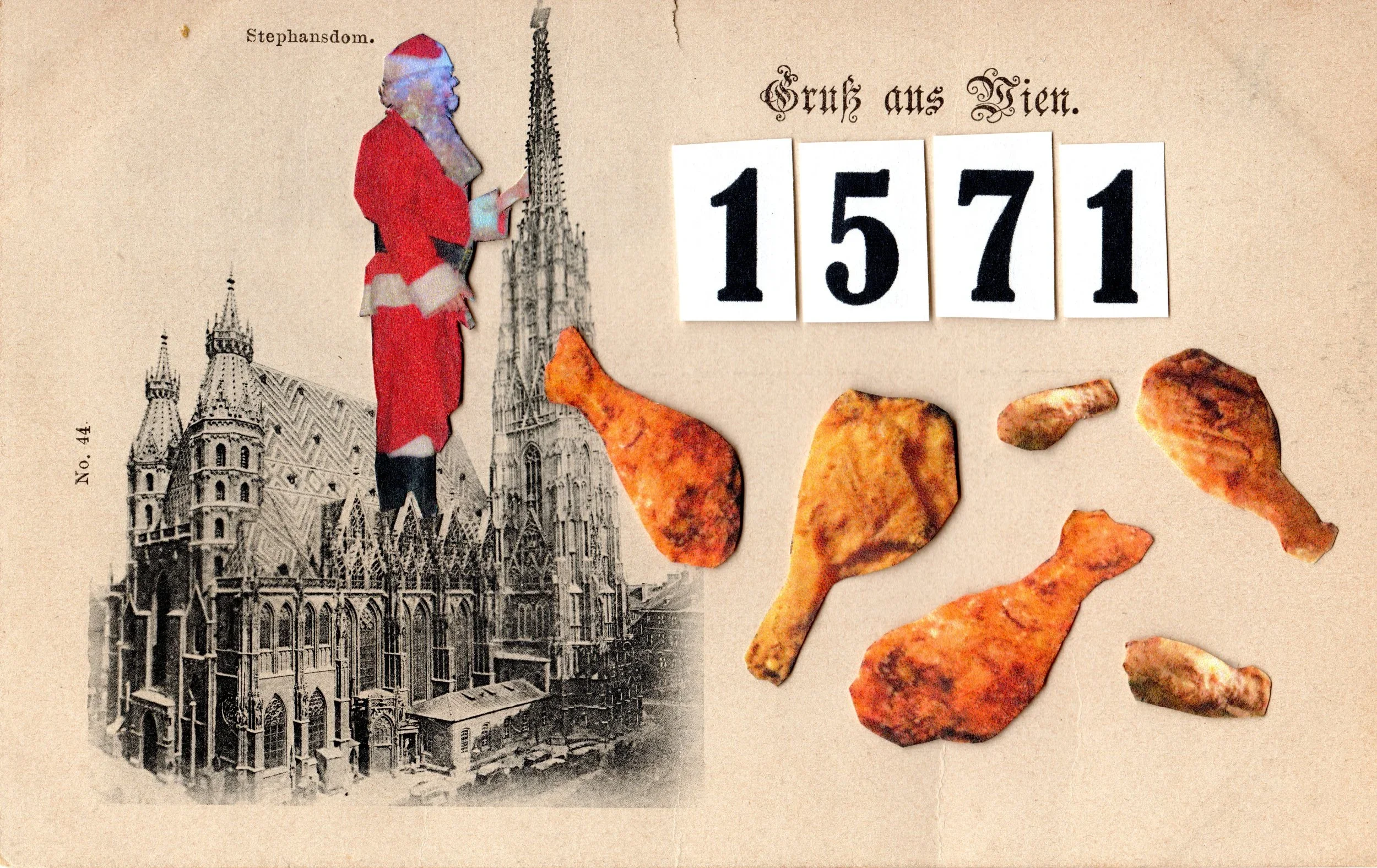Historical postcard featuring a black-and-white illustration of St. Mary's Cathedral in Vienna, Austria, with a small colored image of a woman in historical attire standing on top of it. The postcard includes the phrase 'Gruss aus Wien,' a date '1571,' and four pieces of fried chicken or meat.