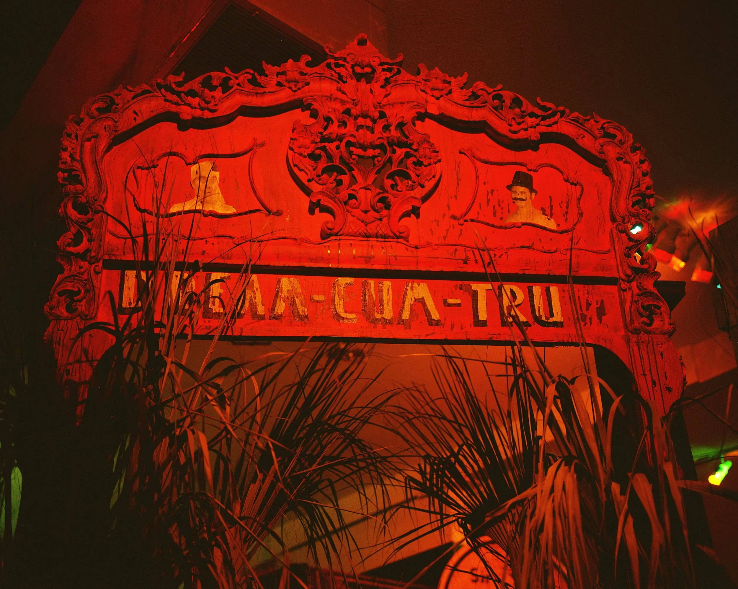 Vintage bar sign with ornate border, partially illuminated in red, with plants in the foreground.