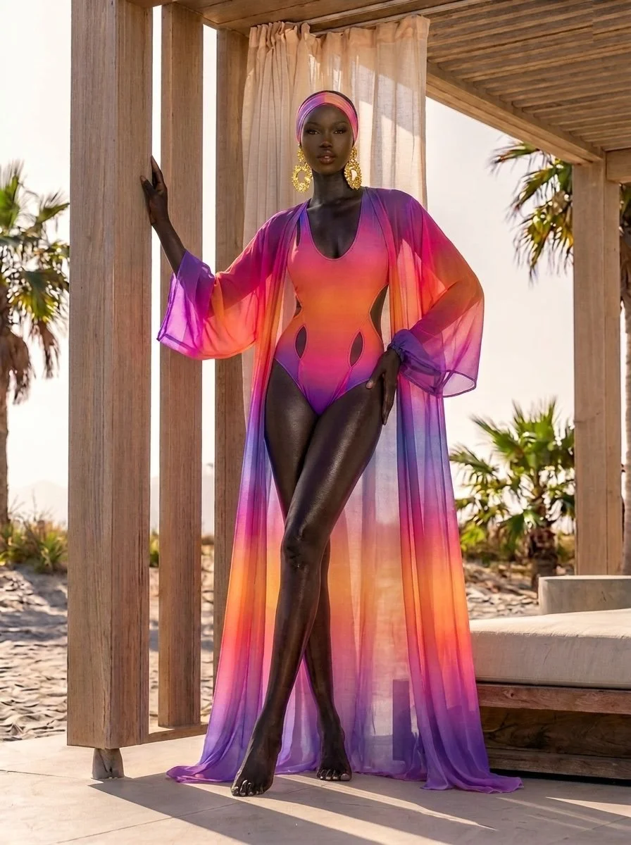 A woman with dark skin tone wearing a vibrant, gradient-colored swimsuit and matching transparent cover-up, accessorized with large gold earrings and a pink headwrap, standing outdoors near a wooden structure with palm trees in the background.