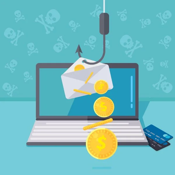 illustration of a fishhook in an envelope with money falling out, a laptop
