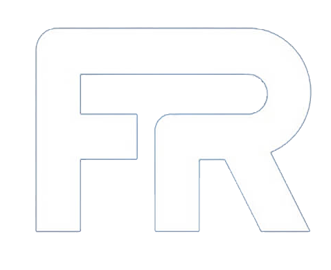 White stylized letter 'FR' on a black background.