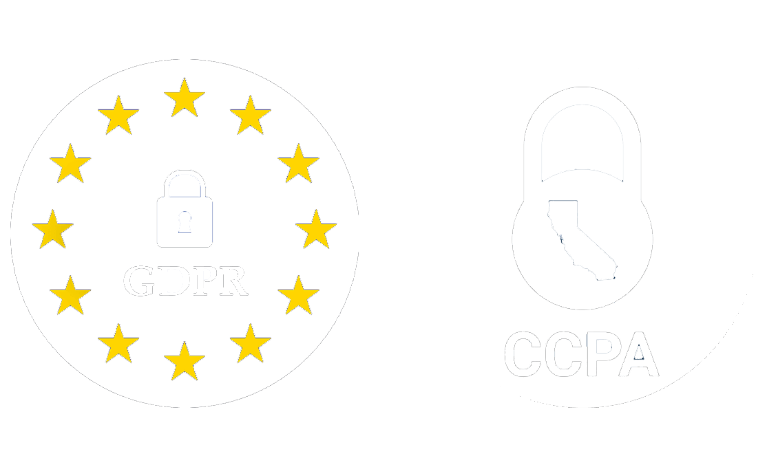 Icons representing GDPR and CCPA data privacy regulations, with GDPR symbol of European Union stars and lock, and CCPA symbol of California with lock and map.