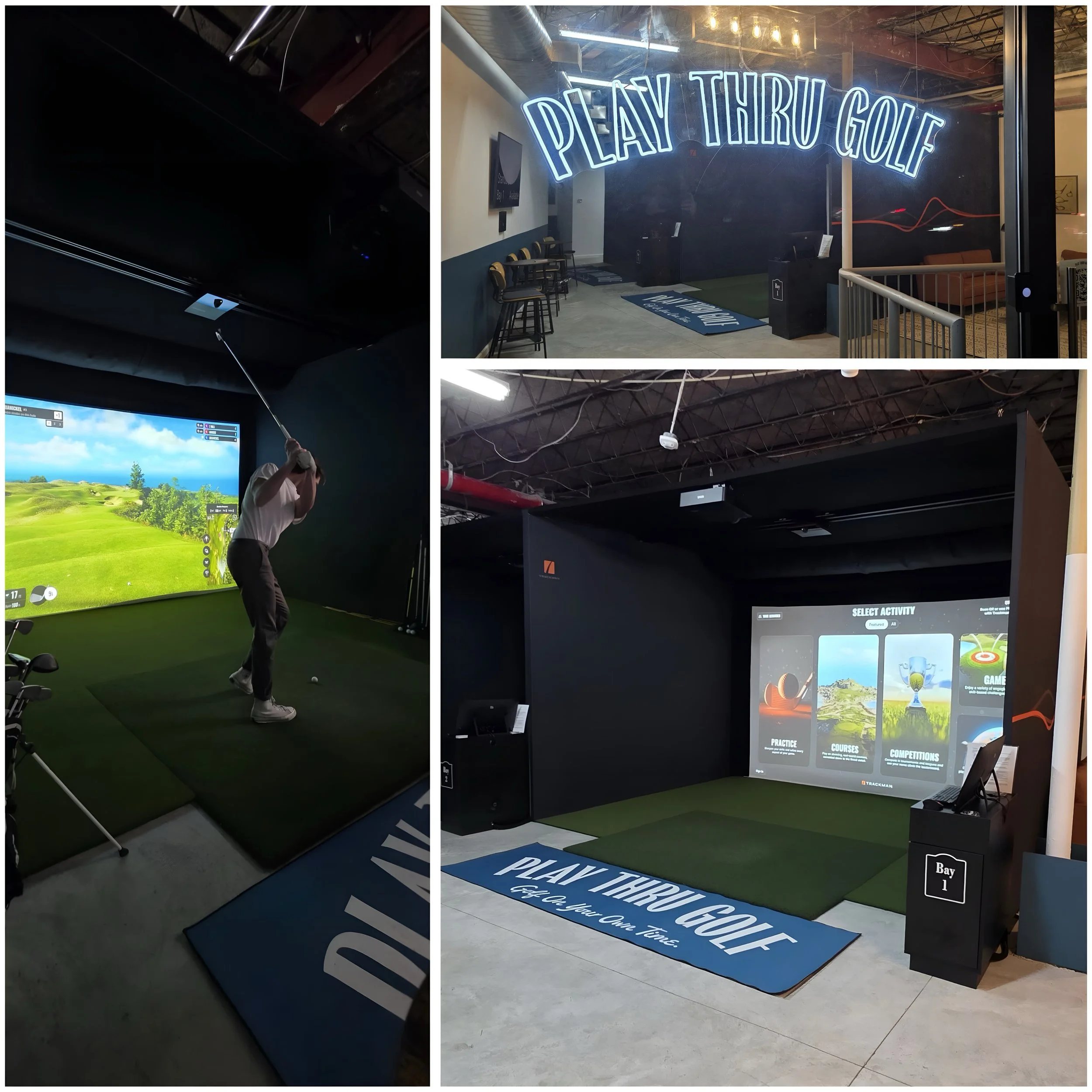 Indoor golf facility with multiple simulators and a virtual golf game setup. One image shows a person swinging a golf club indoors, another displays a neon sign that reads 'Play Thru Golf,' and other images show screen interfaces for golf practice, courses, and competitions.