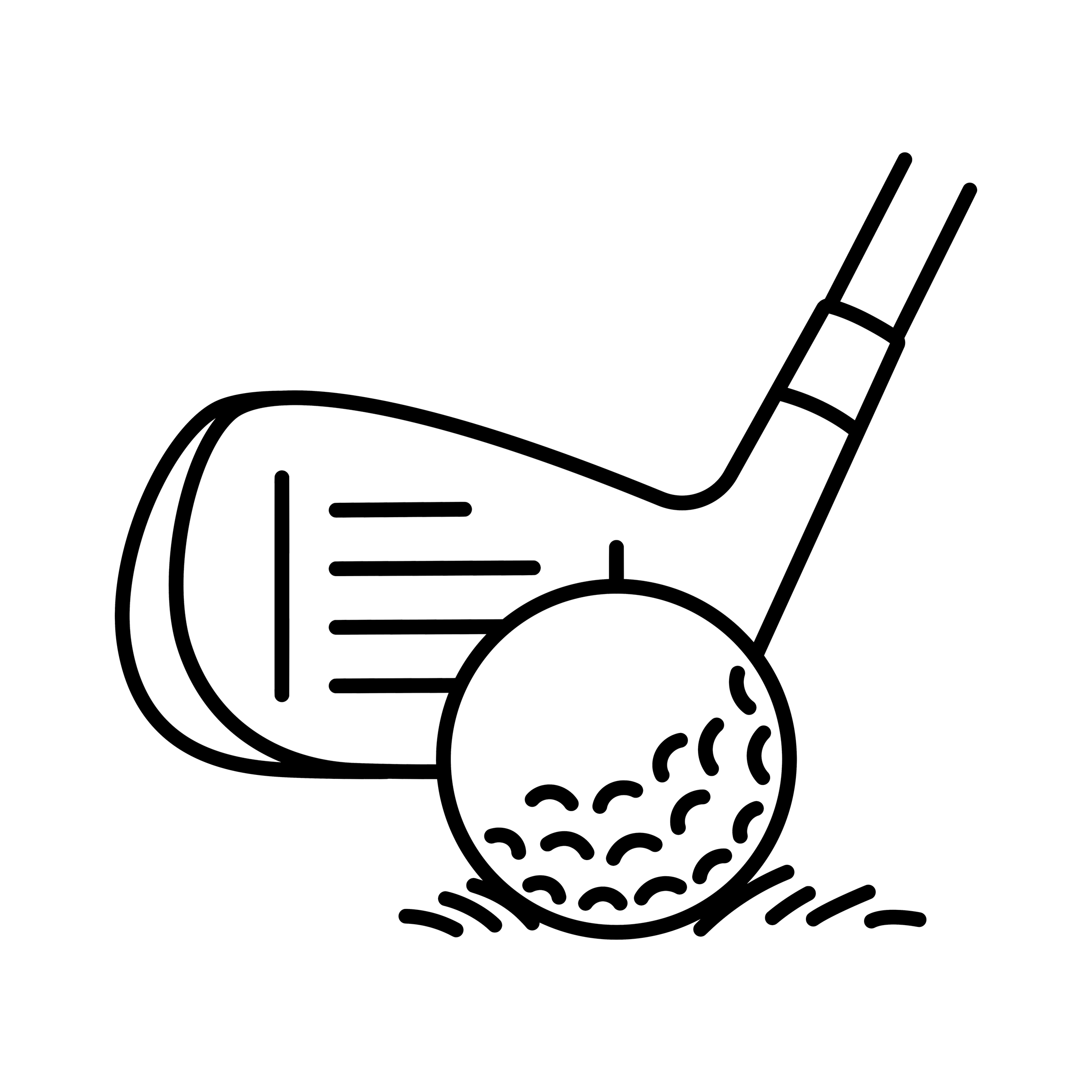 Outline drawing of golf clubs and a golf ball
