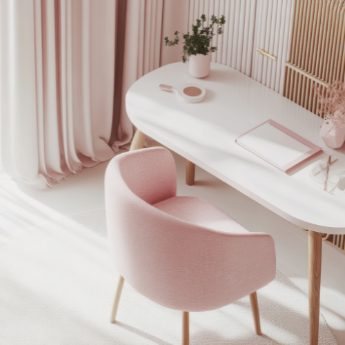 A white oval table with a pink upholstered chair, a potted plant, a notebook, and a pink vase, in a room with pink curtains and wooden accents.