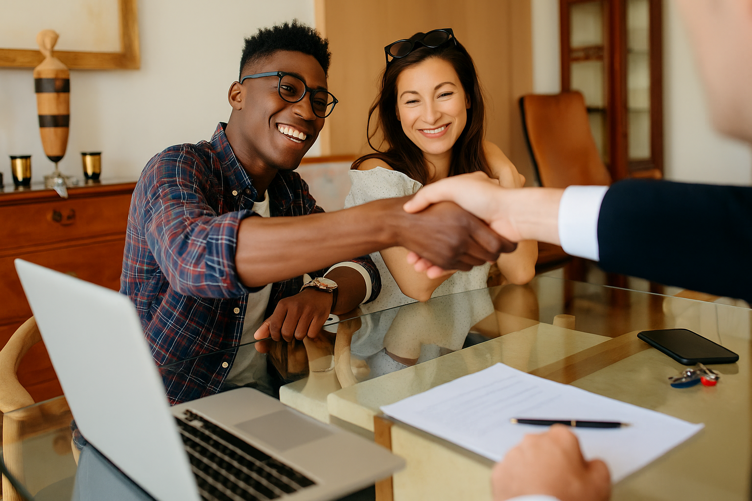 Two young adults, a man and a woman, smiling as they shake hands with a man in a suit in a meeting room.