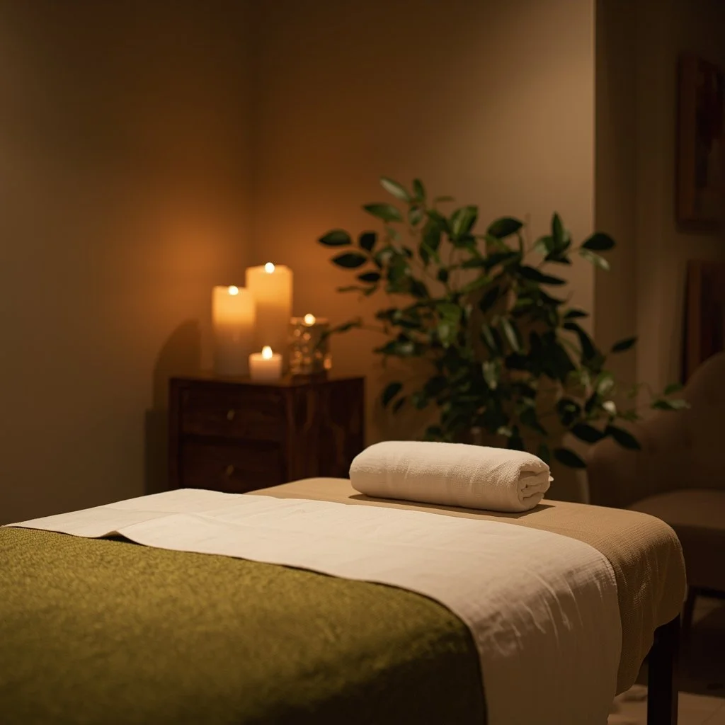 A massage table with a rolled towel, in a dimly lit massage room with candles, a plant, and a wooden cabinet.