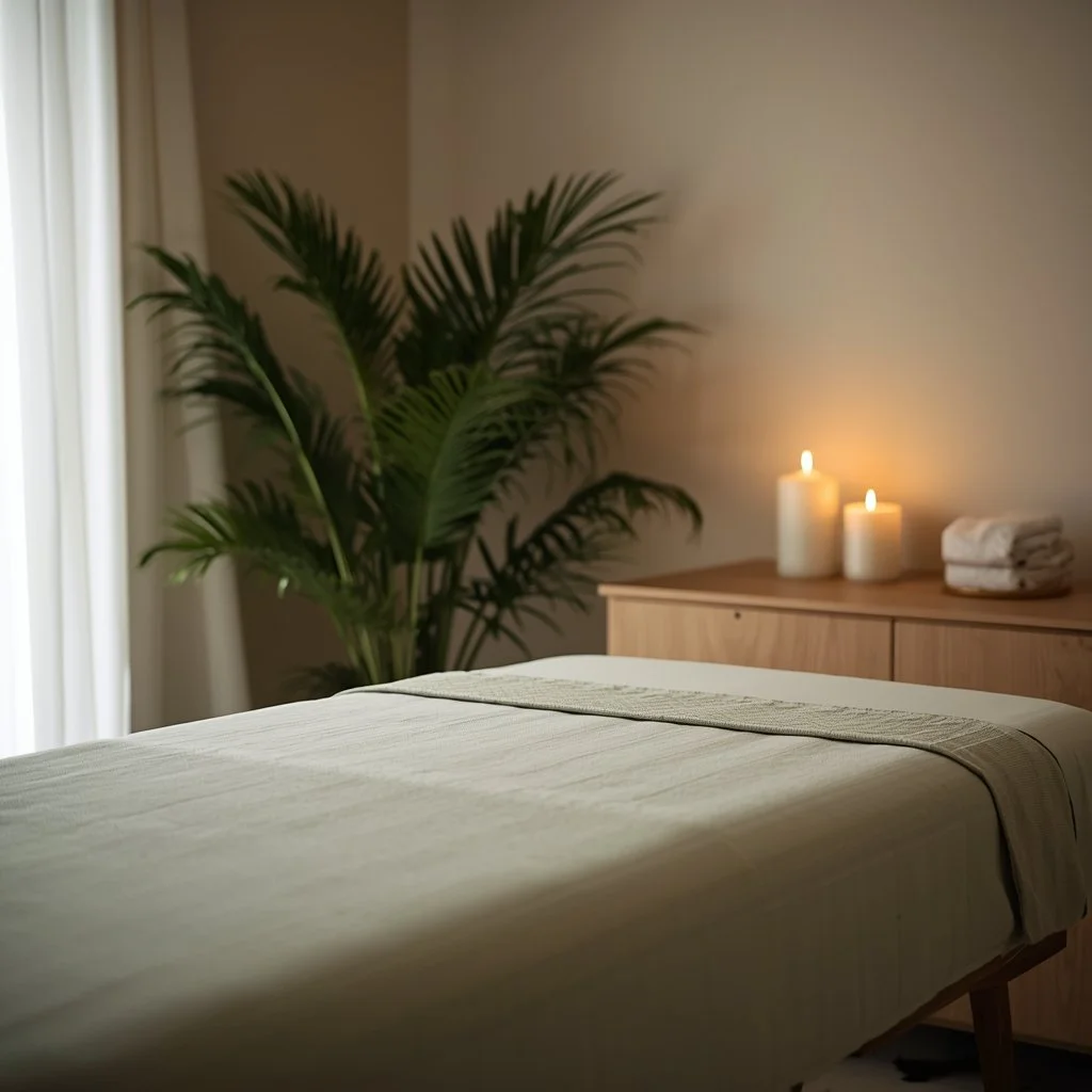 A massage table covered with a beige sheet, a large potted plant, lit candles, and folded towels on a wooden cabinet in a serene room.
