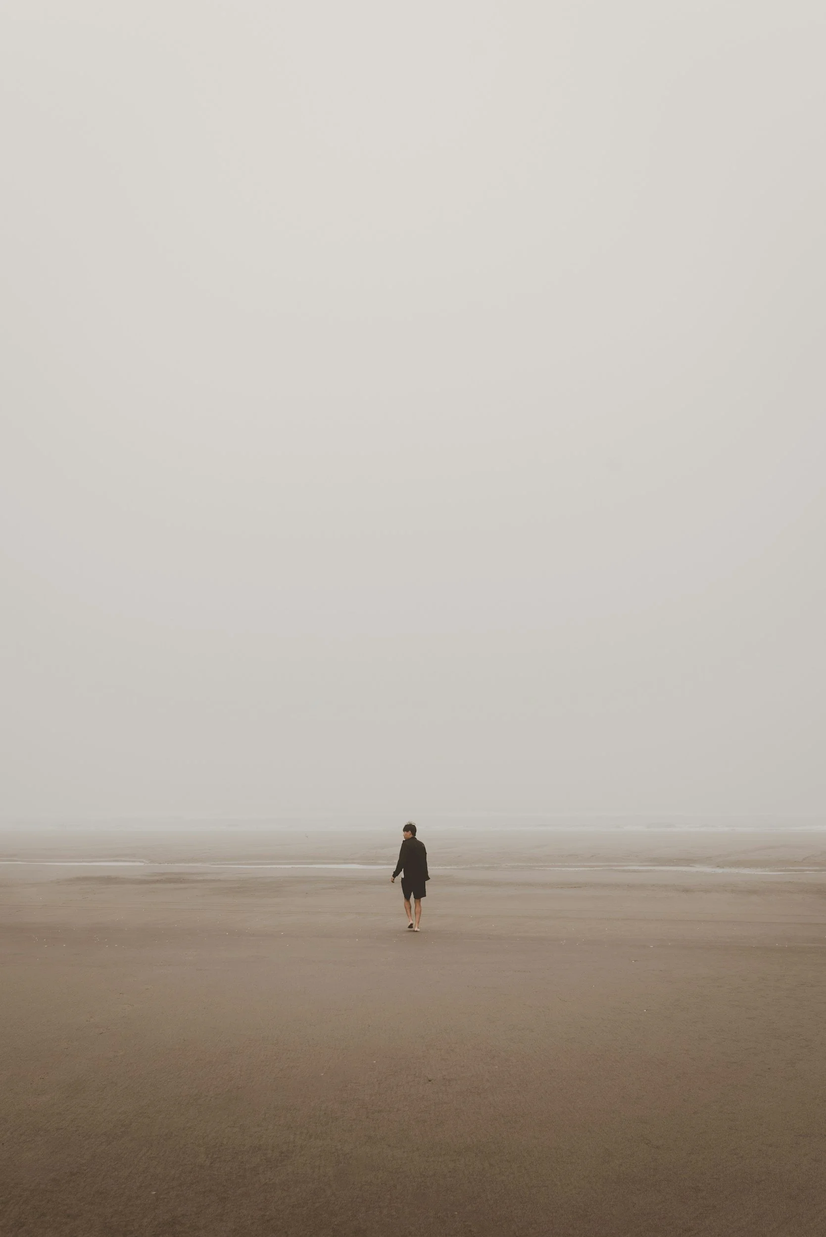 Person walking alone on a wide, empty beach with a foggy sky.