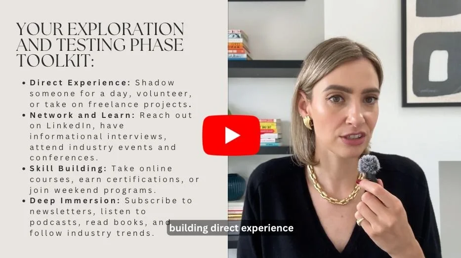 A woman with shoulder-length blonde hair, wearing a black top, gold necklace and earrings, holding a microphone, speaking in front of a white wall with black and white artwork and shelves with books. To her left, a slide summarizes phases of exploration and testing, including direct experience, network and learn, skill building, and deep immersion.