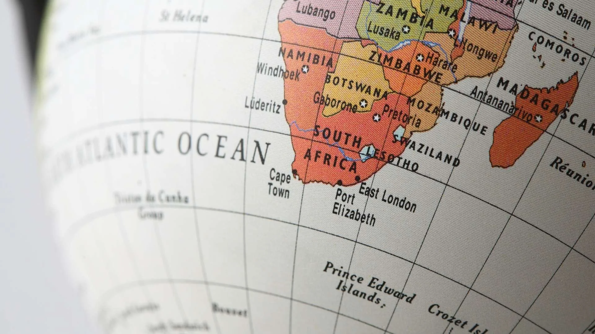 A map of Southern Africa and surrounding regions, showing countries such as Lesotho, Namibia, Botswana, Zimbabwe, Zambia, Mozambique, South Africa, and Madagascar, with country names and some cities marked.