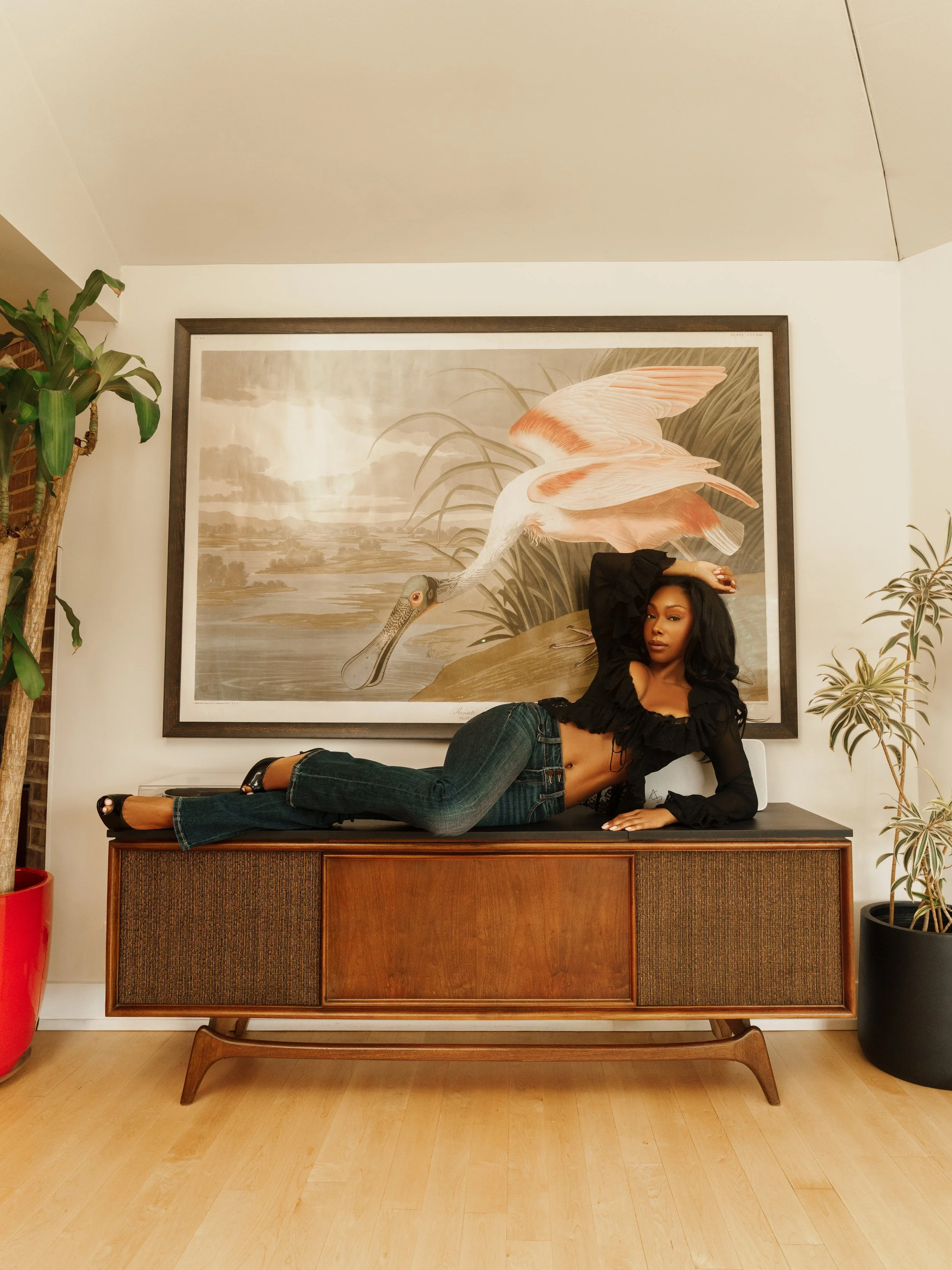 A woman with dark curly hair wearing a black crop top and jeans reclines on a wooden cabinet in front of a large framed painting of a heron near water, with plants on either side.