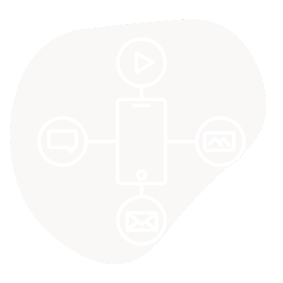 An abstract illustration of a mobile device surrounded by icons representing video, chat, email, and analytics.