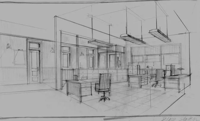 Sketch of a modern office space with multiple desks, chairs, large windows, and hanging light fixtures.