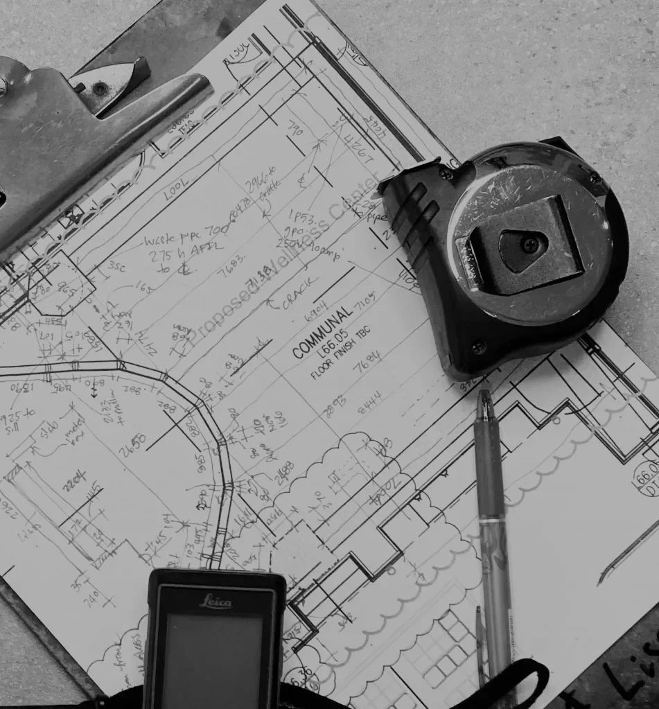 Blueprint plan with a Leica measurement device, a tape measure, and a pen placed on top.