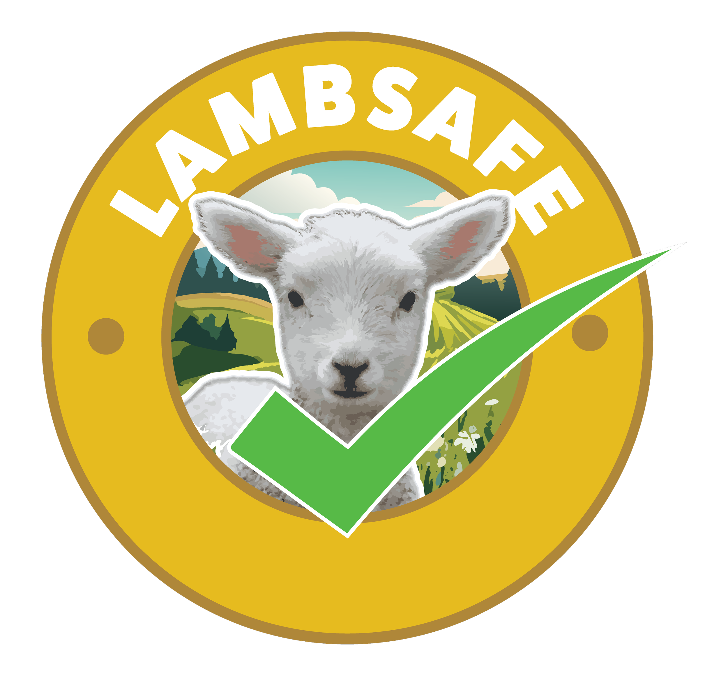 A badge with the text 'LAMBSAFE' at the top, featuring a lamb's face in the center, a green checkmark below, and a scenic background of fields and sky.