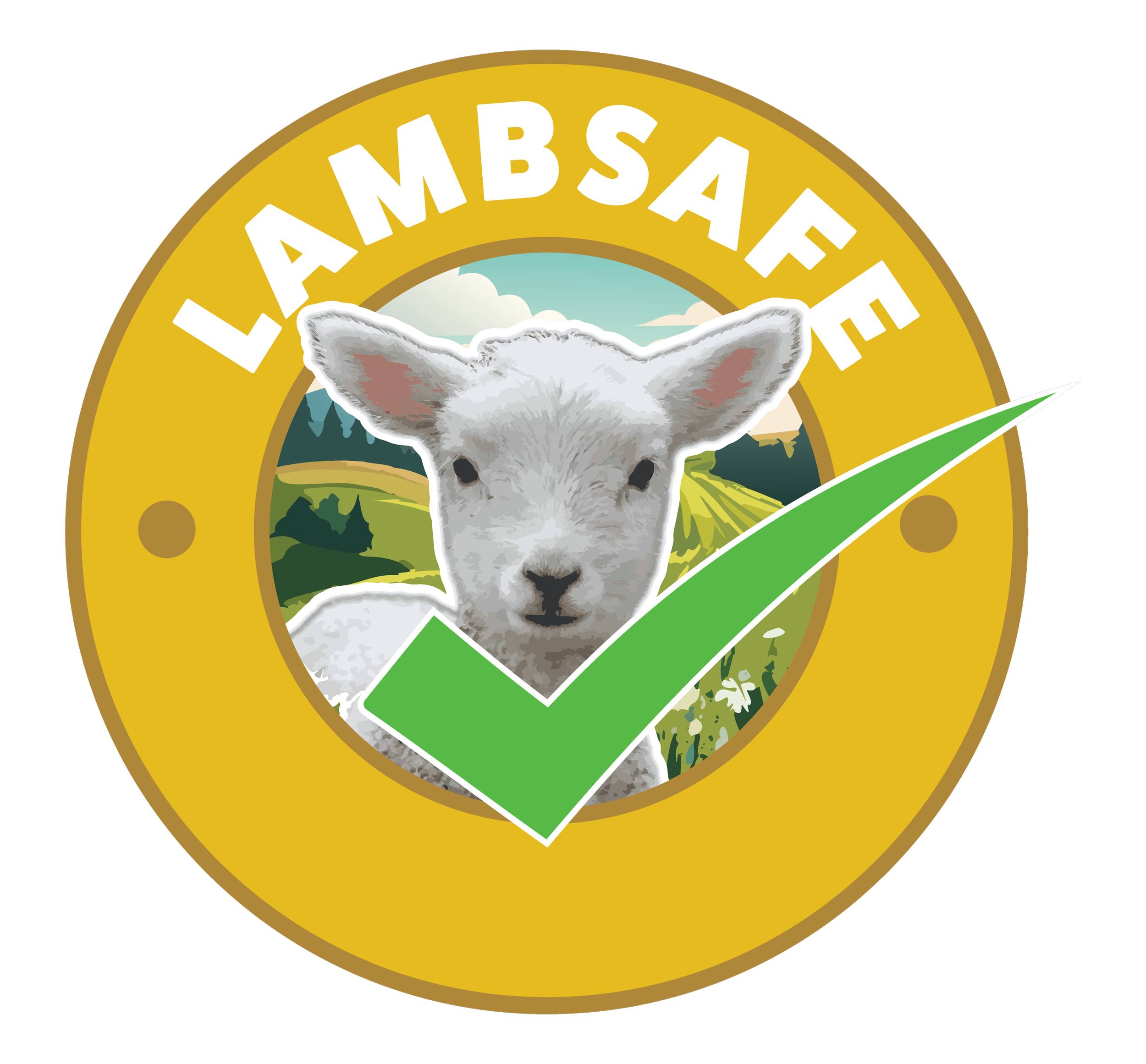 Logo with a lamb's face and an outdoor landscape in the background, encircled by a gold ring with the text 'LAMBSAFE' and a green check mark.