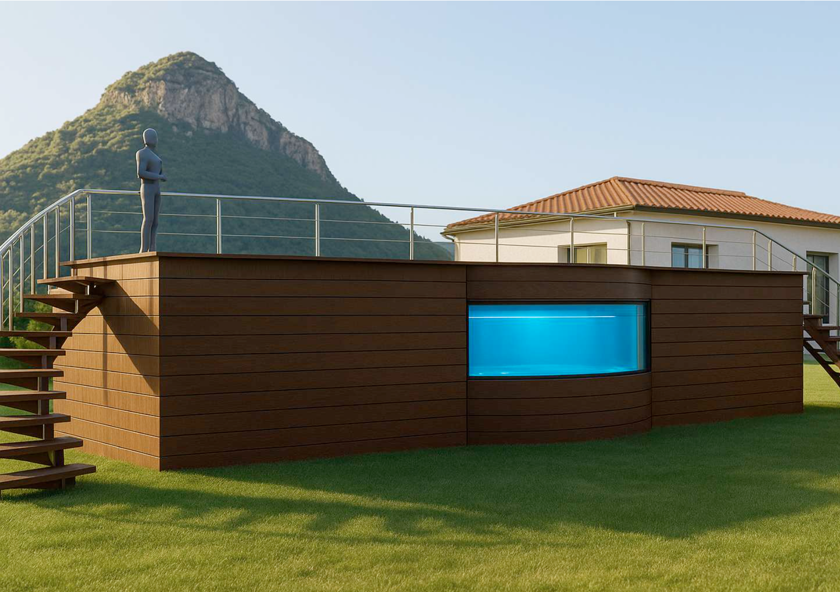 Customised luxury above ground swimming pool in Mallorca, LED multicoloured lighting, self cleaning system, hidden pump and filtration system, exterior stairs, panoramic front window.